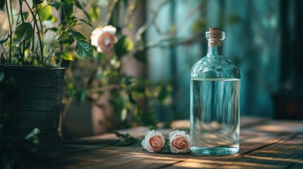 Serene Glass Bottle with Water and Roses in a Rustic Setting