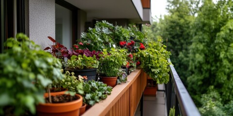 Lush balcony garden with vibrant potted plants and lush greenery in urban setting