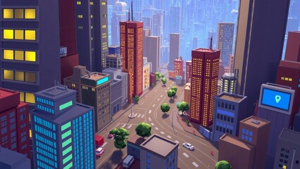 Aerial View of a Vibrant Cartoon Cityscape at Dusk