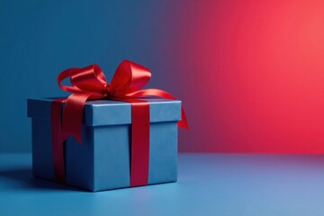 Obraz premium A neatly wrapped present, a blue box adorned with a vibrant red ribbon, sits on a matching blue surface against a backdrop of contrasting blue and red hues, symbolizing celebration and anticipation.