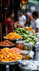Obraz premium Vibrant asian street market with fresh fruits and vegetables displayed