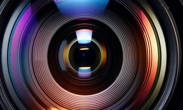 Close-up camera lens, colorful reflections, dark background, photography