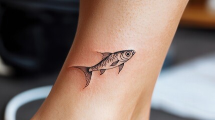 Obraz premium Small fish tattoo on ankle featuring delicate linework and detail