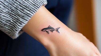 Obraz premium Small shark tattoo on forearm of caucasian adult female wearing knit sweater