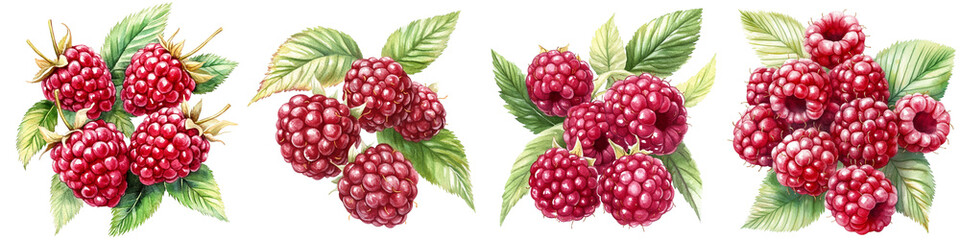 Illustration of vibrant red raspberries with green leaves, showcasing different clusters and arrangements. detailed artwork highlights texture and freshness of fruit, perfect for nature themed
