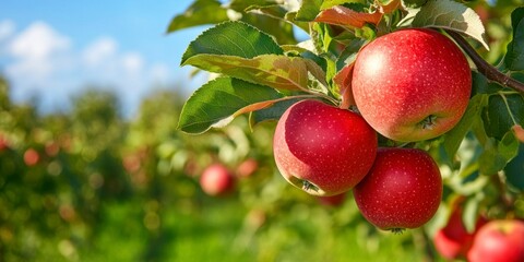 Obraz premium Red apples on an apple tree branch in an orchard against a blue sky on a sunny day, with a background of green trees and grass