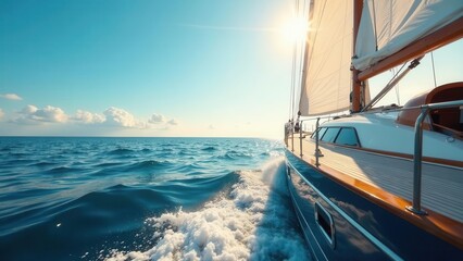 Fototapeta premium Sailing Vessel's Graceful Passage Across the Ocean's Expanse Under a Sunlit Sky