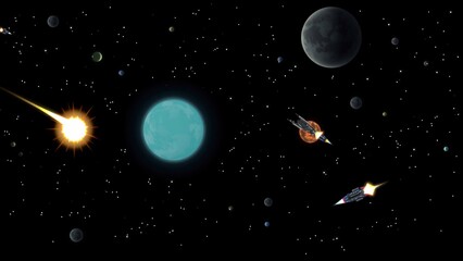 Cosmic Voyage Spaceships, Planets, and Meteor Shower in Deep Space