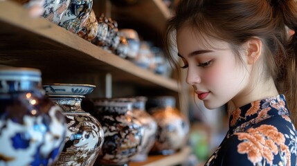 Asian young female admiring ceramic vases in a display shelves scene