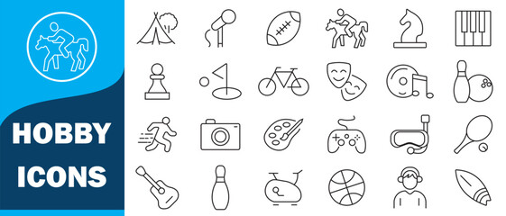 Hobby thin line icons set: reading, gaming, gardening, photography, cooking, sewing, fishing, Set of thin line web icon set, simple outline icons collection icons. vector illustration.
