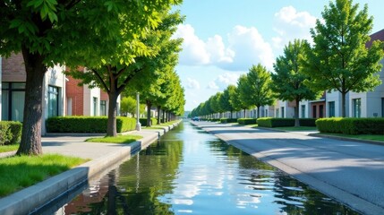 Serene Residential Street with Reflecting Water Feature and Lush Greenery