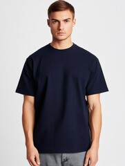 Obraz premium Handsome man wearing plain navy blue t shirt mockup for your design