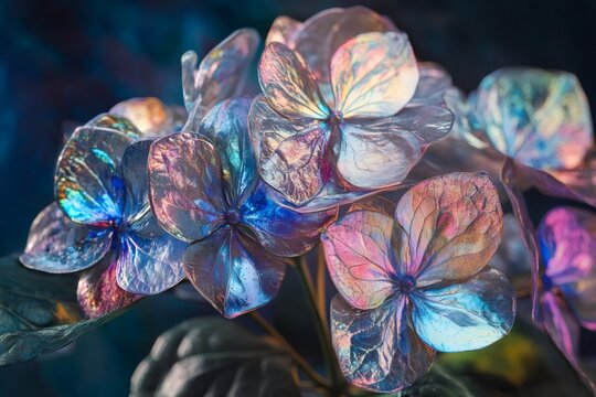 Close up of hydrangea flowers with an iridescent, oil slick effect, displaying a vibrant rainbow of colors