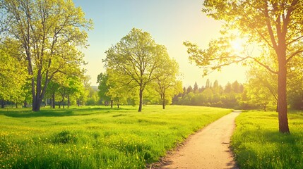 Sunlit Path Through a Lush Green Meadow with Trees