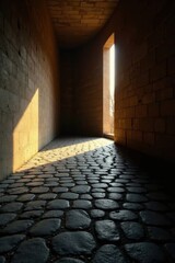 Sunlit Cobblestone Passageway in a Brick Structure Light Streaming Through an Opening, Illuminating the Path
