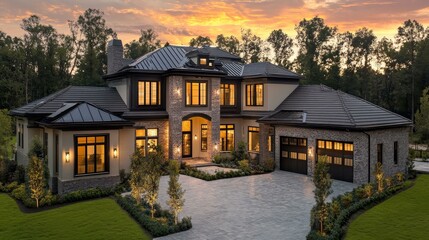 Naklejka premium Luxury Mansion Exterior Architectural Design at Sunset