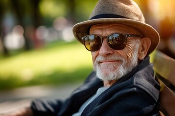 Senior man enjoying his retirement while sitting on a park bench, wearing stylish sunglasses and a fashionable hat, radiating happiness