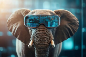 Elephant wearing augmented reality glasses analyzes data and charts projected on the lenses, showcasing the integration of nature and technology