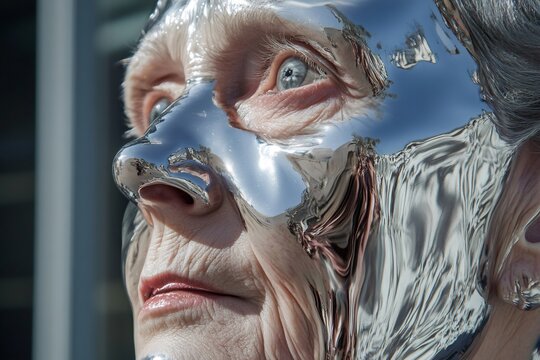 Close up of an elderly woman wearing a partially reflective face mask, creating a distorted view of her features