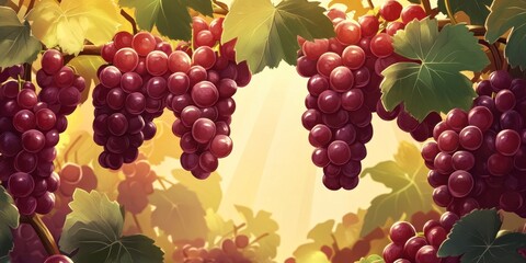 Red grapes hanging on the vines in a vineyard with green leaves and a sunlit background. Watermelon and grape wine product concept banner design.