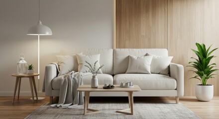 Naklejka premium Cozy Minimalist Living Room with a Neutral Palette