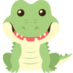 Vector illustration of a cute cartoon crocodile with a big happy smile, featuring green and beige colors. Perfect for children's decor, logos, stickers, or educational materials.