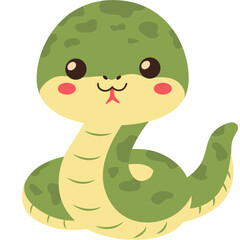 Fototapeta premium Vector illustration of a cute cartoon snake in green and beige colors with a friendly expression. Perfect for children's decor, logos, stickers, or educational materials.
