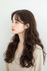 Naklejka premium Young Woman with Wavy Hair Looking to the Side in a Minimalist Setting