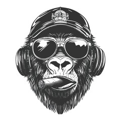 Gorilla head with smoking cigarette in monochrome style vector illustration