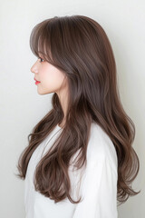 Obraz premium Young Woman with Wavy Hair Looking to the Side in a Minimalist Setting