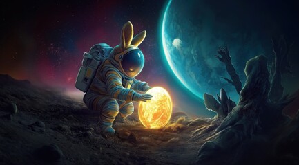Astronaut Easter Bunny with Glowing Egg in Space 