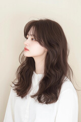 Fototapeta premium Young Woman with Wavy Hair Looking to the Side in a Minimalist Setting