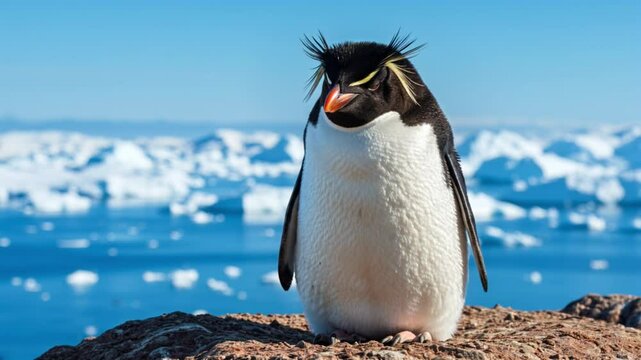 A rockhopper penguin is standing dozing　イワトビペンギンが居眠りしながら立っている