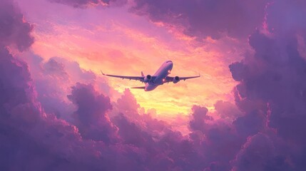 Airplane flying above colorful sunset clouds; travel, tourism