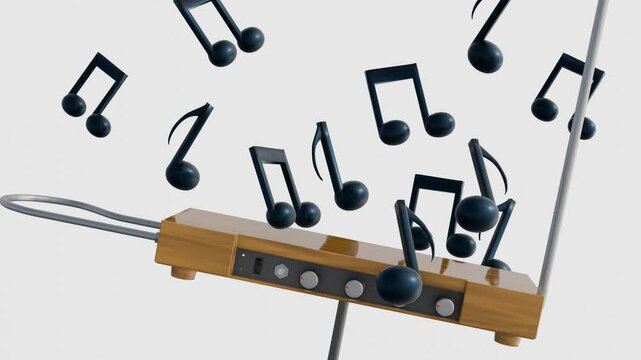 a 3D animation of a theremin in natural wood and scattered floating musical notes, a unique electronic musical instrument played without physical contact.