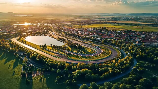 Majestic Aerial View of the Hungaroring Race Track at Sunset