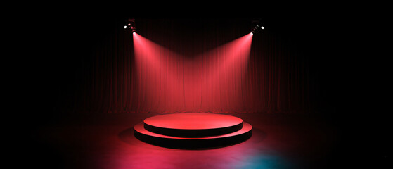 Stage with red curtains and spotlight illuminating the theater performance
