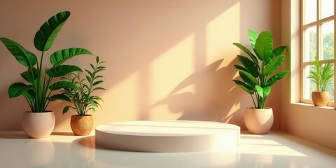 Fototapeta premium Serene Minimalist Display Featuring Lush Greenery and a Circular Pedestal in a Sunlit Room