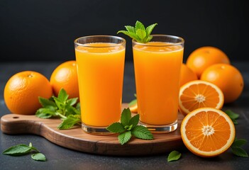 Fresh Orange Juice, A Refreshing Drink... Healthy Citrus Fruits On Wood. Mint Leaves For Garnish... Bright Colors. Soft Lighting Makes A Beautiful Composition. Enjoy!