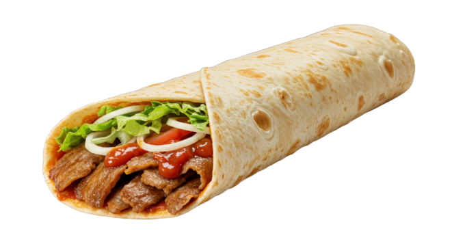 Turkish Döner Dürüm - Lavash Doner Kebabs with fresh salad trimmings and shaved roasted meat served in tortilla wraps for a takeaway snack isolated on transparent PNG background