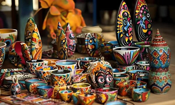 Colorful artisan pottery displayed at market stall, vibrant background