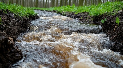 A small flowing stream of water runs through the forest