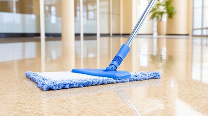 Close-up of a person mopping a shiny floor in a bright, professional setting. Blue mop, work attire, and reflective surface highlight cleanliness and detail