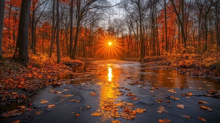 Sunlight reflects off the water in a vibrant autumn forest setting