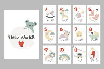 Baby milestone cards with cute animals for newborn baby. Baby shower print capturing all the special moments. Monthly anniversary card.