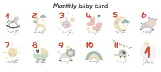 Baby milestone cards with cute animals for newborn baby. Baby shower print capturing all the special moments. Monthly anniversary card.