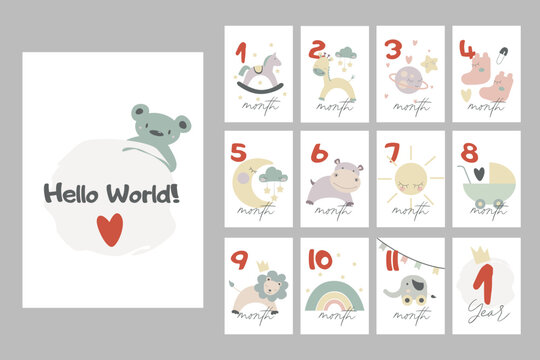 Baby milestone cards with cute animals for newborn baby. Baby shower print capturing all the special moments. Monthly anniversary card.