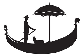 Silhouette Gondola with Gondolier and Umbrella Vector Illustration © Creative Image  