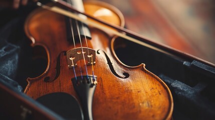 Fototapeta premium Violin case closeup, warm tones