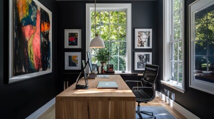 Modern home office with wooden desk, artwork, and natural light